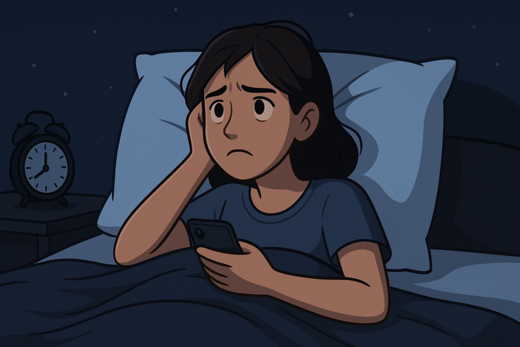 「寝つけずに悩んでいる人物のイラスト(夜中に目が冴えている様子)」
