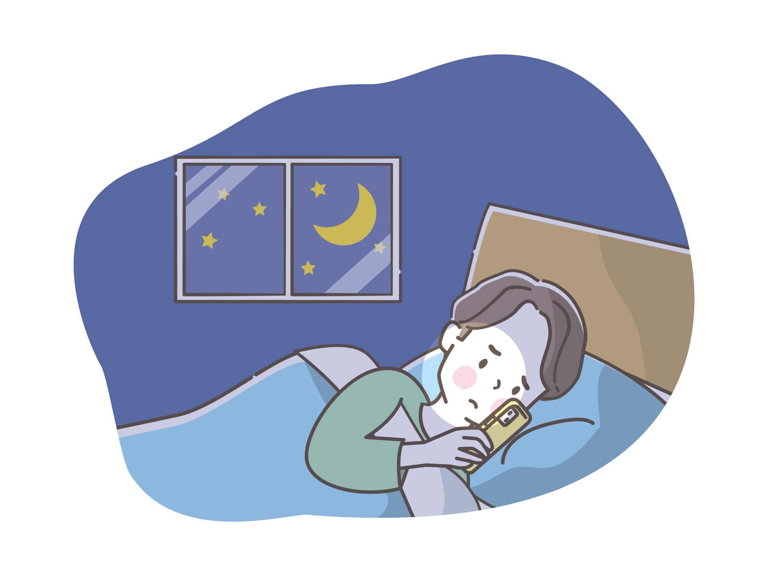 寝られず、ベッドでスマホを見る男性