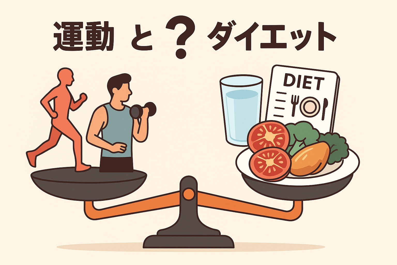 「運動と食事、どちらがダイエットに効果的かを比べる天秤のイラスト」