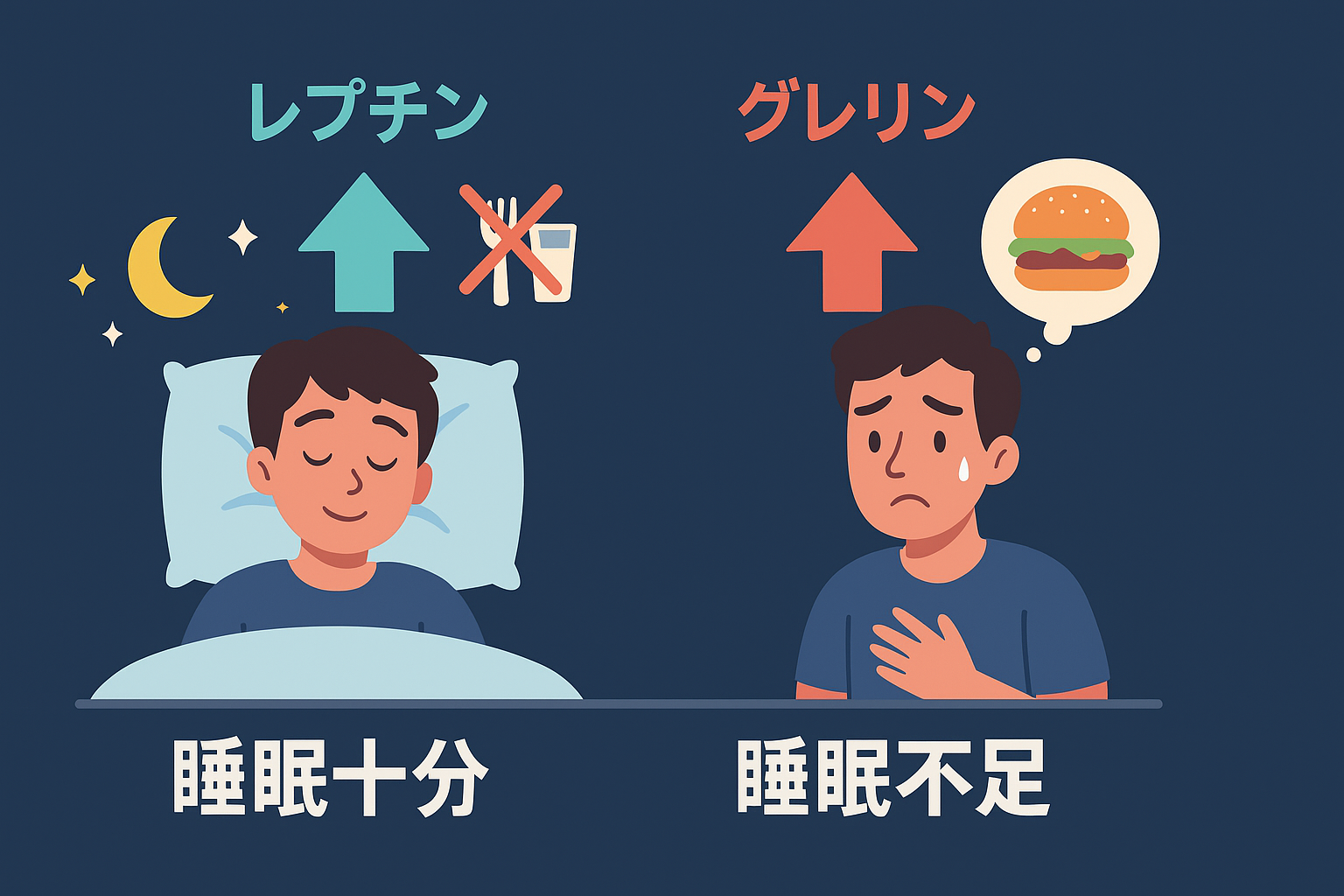 「睡眠の質とホルモン(レプチン・グレリン)のバランスを比較する図解。睡眠不足で食欲が増すことを示す」