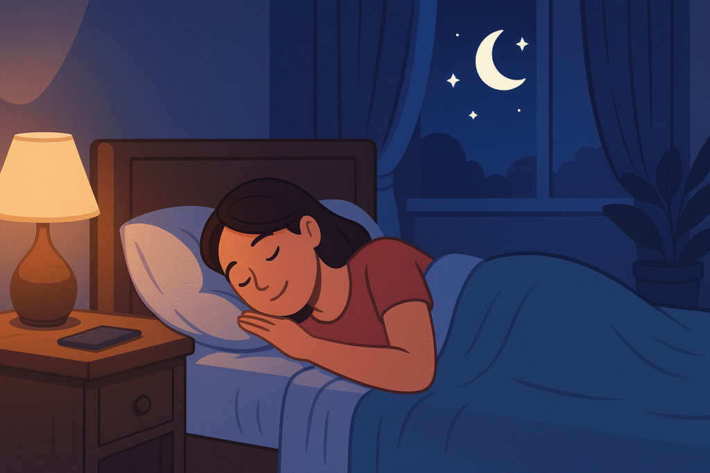 「快適な睡眠環境でぐっすり眠っている人のイラスト(睡眠の質を高めるイメージ)」