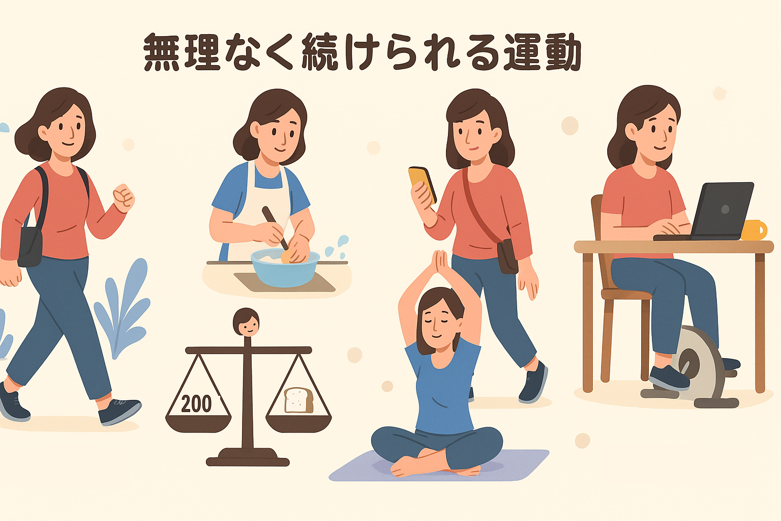 「日常の中で取り入れやすい軽い運動(散歩・家事・ストレッチなど)を紹介するイラスト」