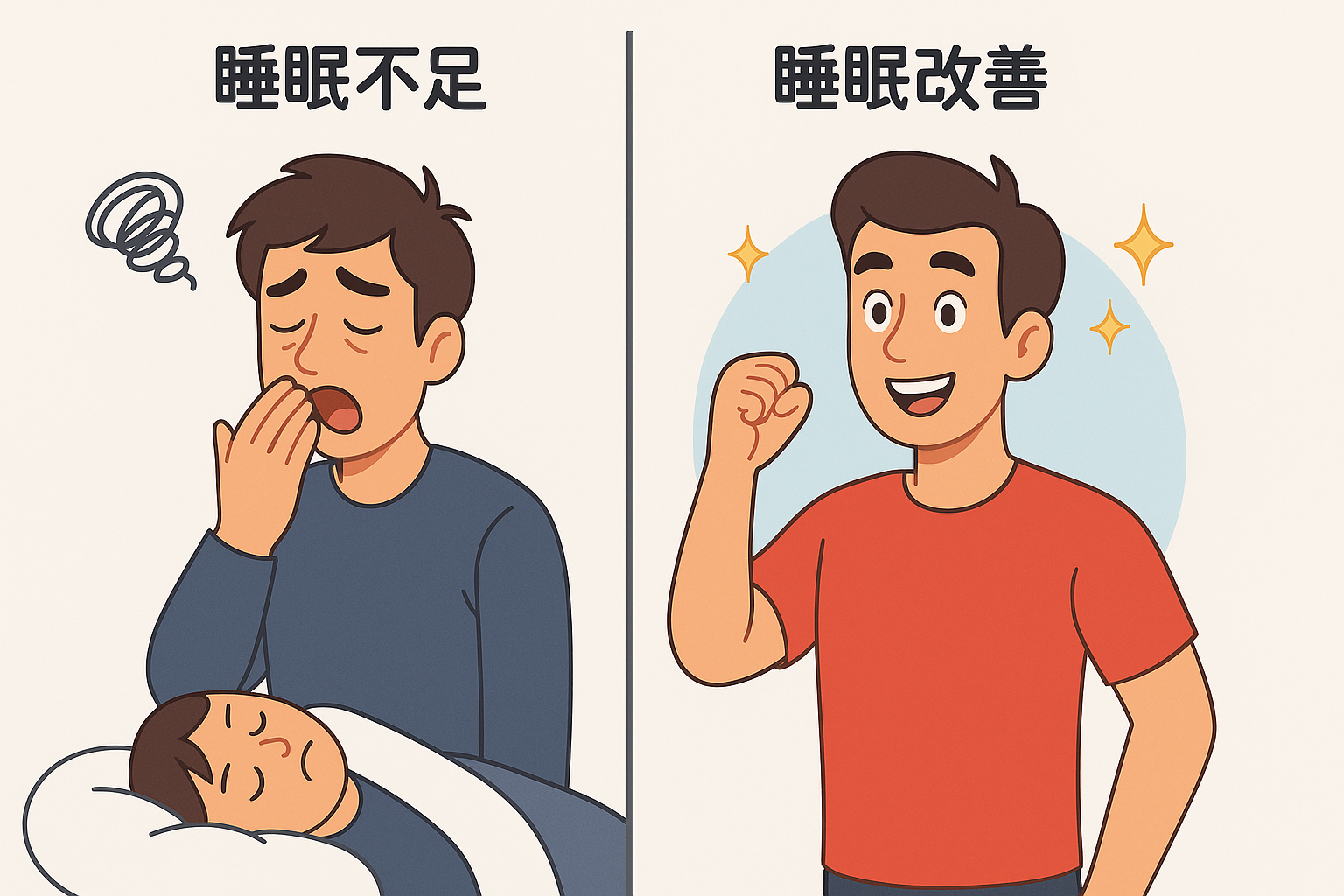 「睡眠の改善によって体調や気分が良くなった人物のビフォーアフターを描いたイラスト」