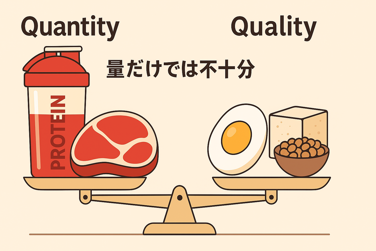 たんぱく質の量が多い食品と、質が高い食品を比較する図(量だけでは不十分であることを示す)