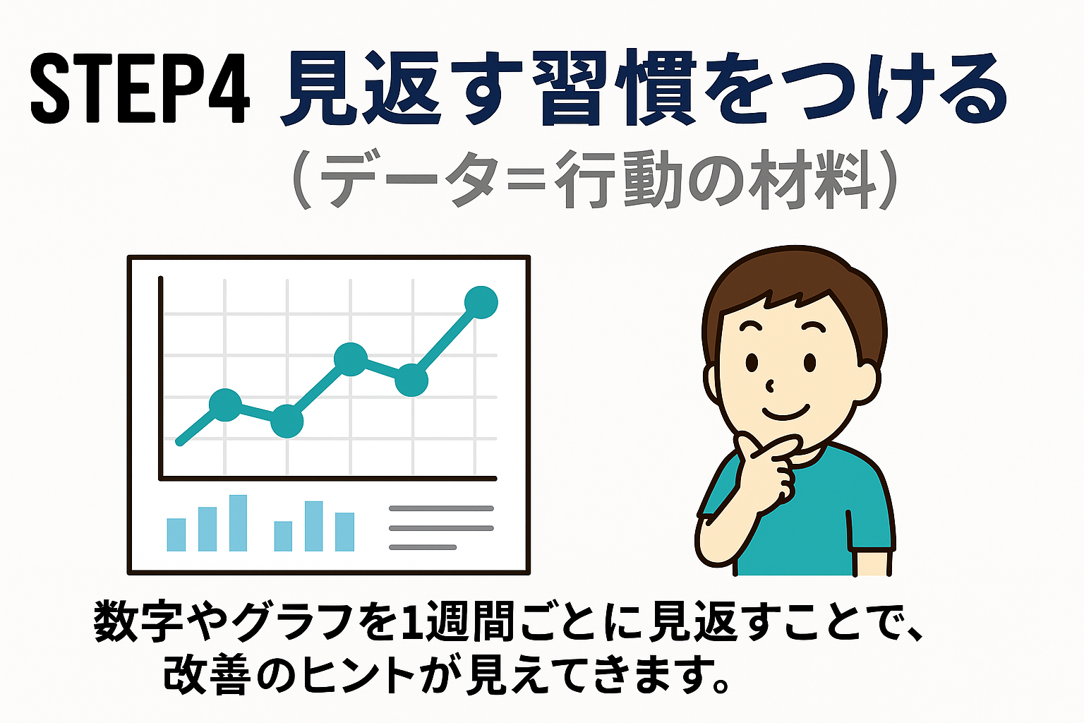 「STEP4:見返す習慣をつける|1週間ごとの数字やグラフを振り返り、改善のヒントを見つける様子を描いた日本語のデジタルイラスト。カレンダーやグラフ、考える人物が描かれている。」