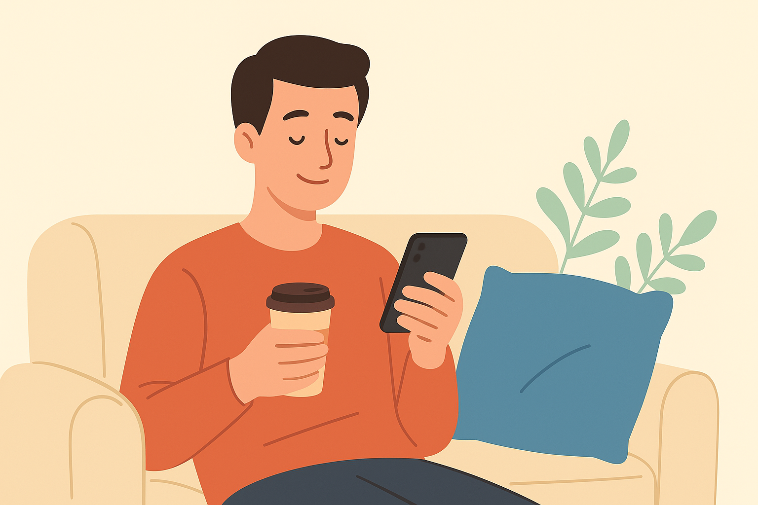 ソファでくつろぎながら、スマートフォンに記録をつける男性のイラスト(片手にコーヒー)