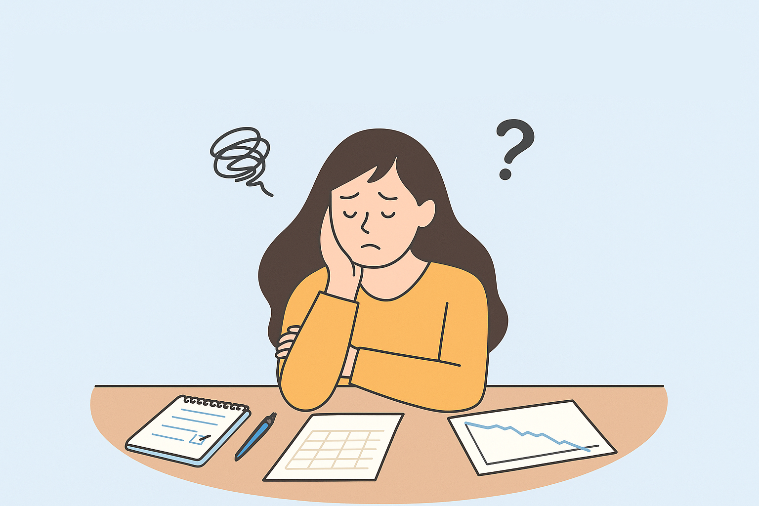 食事や体重を記録しているが痩せずに悩んでいる女性のイラスト