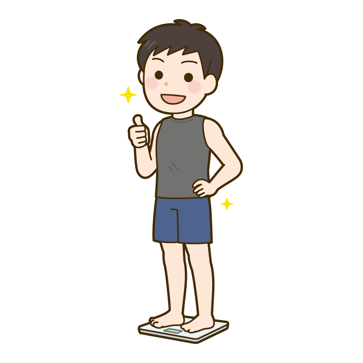体重計に乗ってダイエット成功を喜ぶ男性