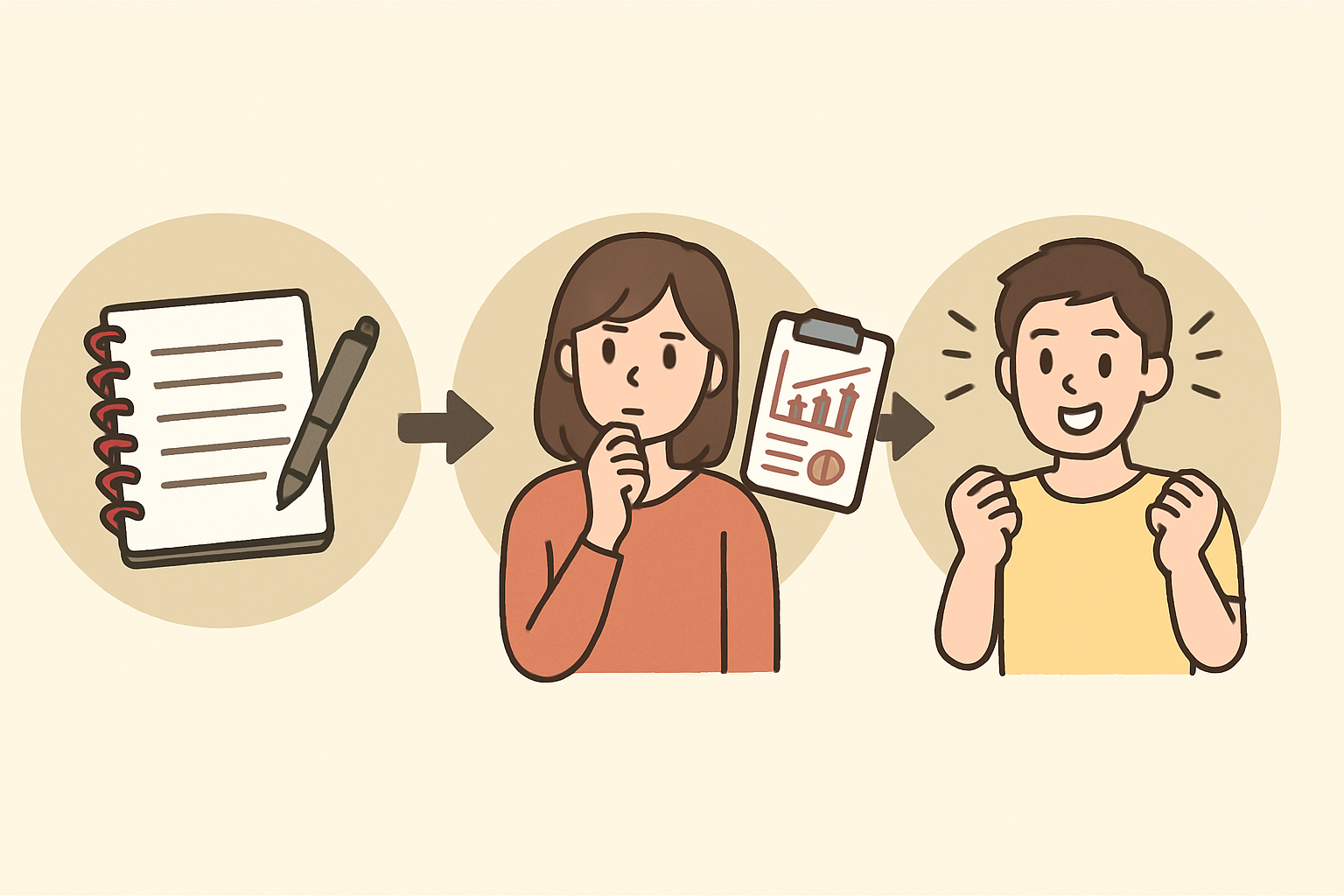 行動に活かすために記録内容を分析・振り返っている様子のイラスト