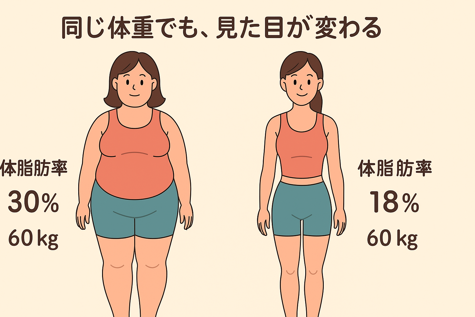 「同じ体重でも体脂肪率の違いによって見た目が変わることを示した比較イラスト」