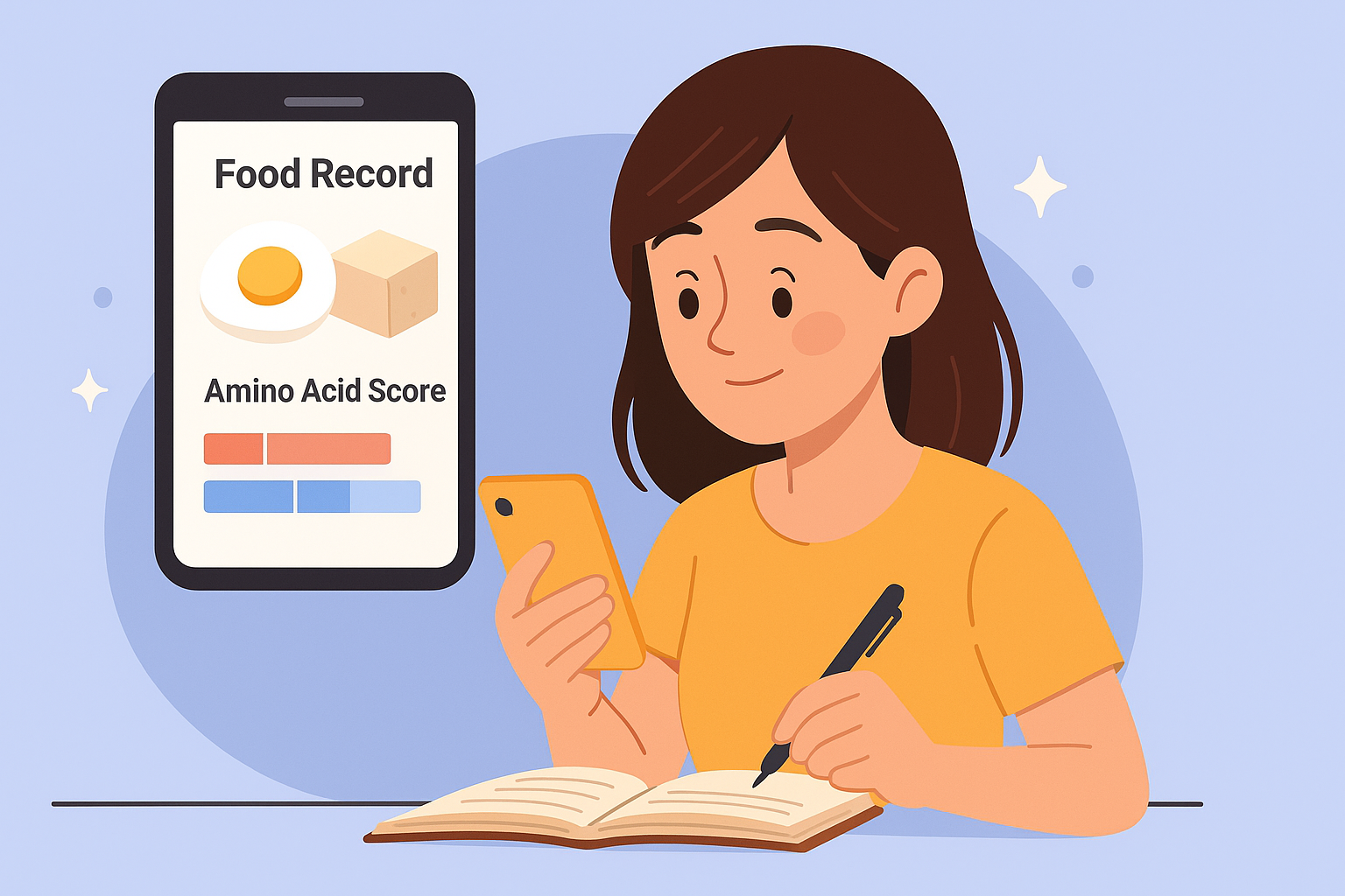 「スマホやノートに食事記録をつけながら、食品のアミノ酸スコアを意識している人のイラスト」