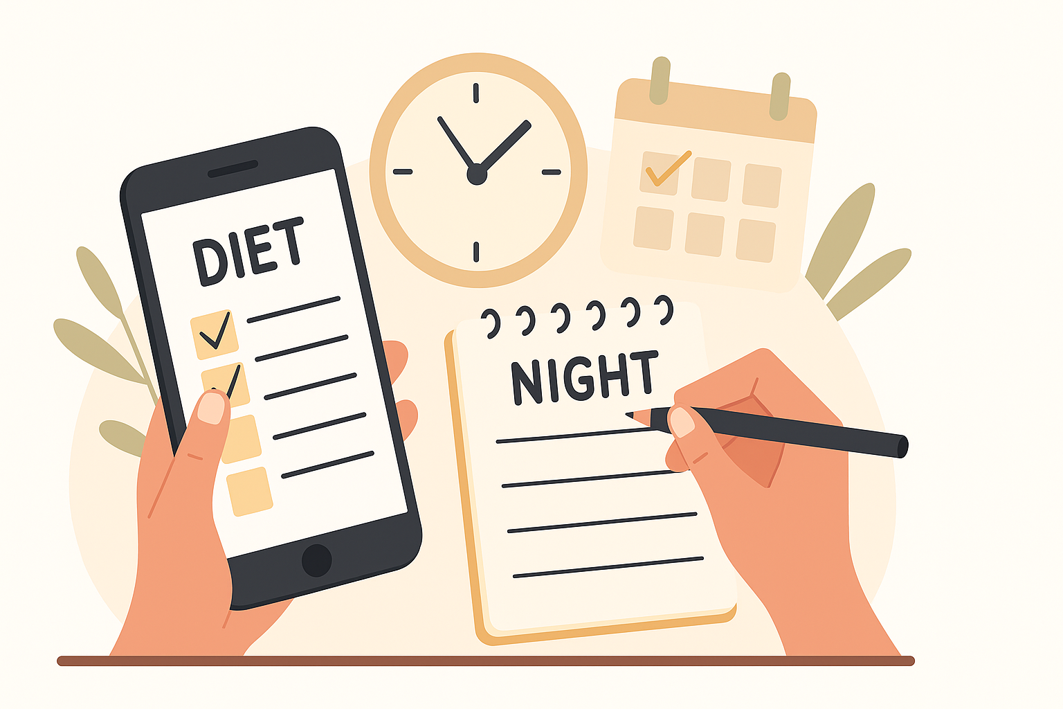 夜にスマホとノートでダイエット記録をつける様子。背景に時計とカレンダーあり