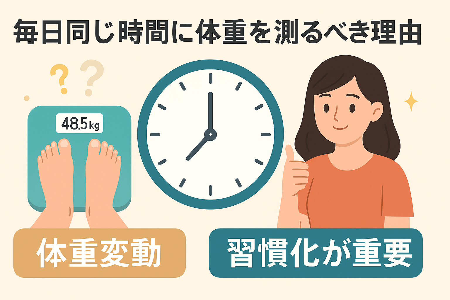 「毎日同じ時間に体重を測ることの重要性を伝える図解。体重計・時計・習慣化を示す人物のイラストと文字入り」