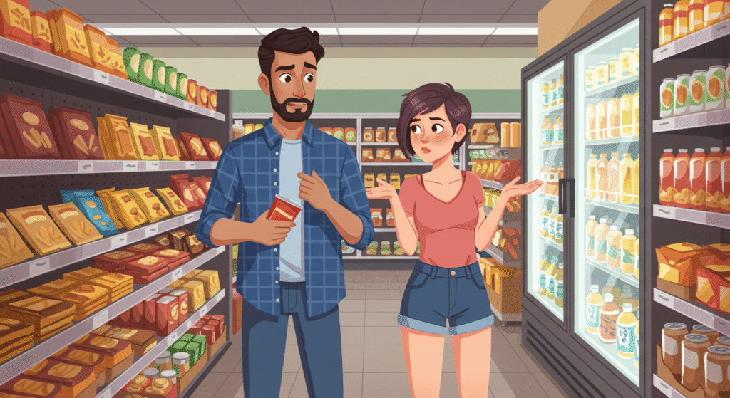 コンビニの棚の前で商品を選びながら迷っている男女のイラスト