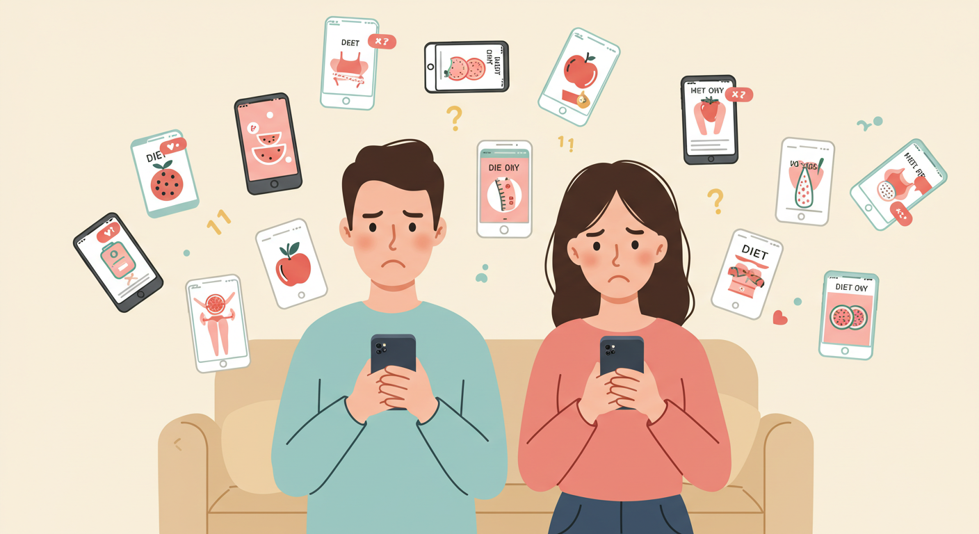 記録アプリを比較して迷う男女のイラスト（レコーディングダイエット）