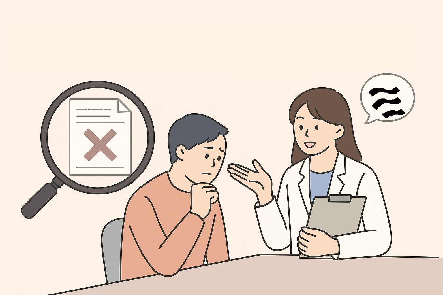 医師が患者にやさしく説明し、記録の意味に気づかせている様子のイラスト