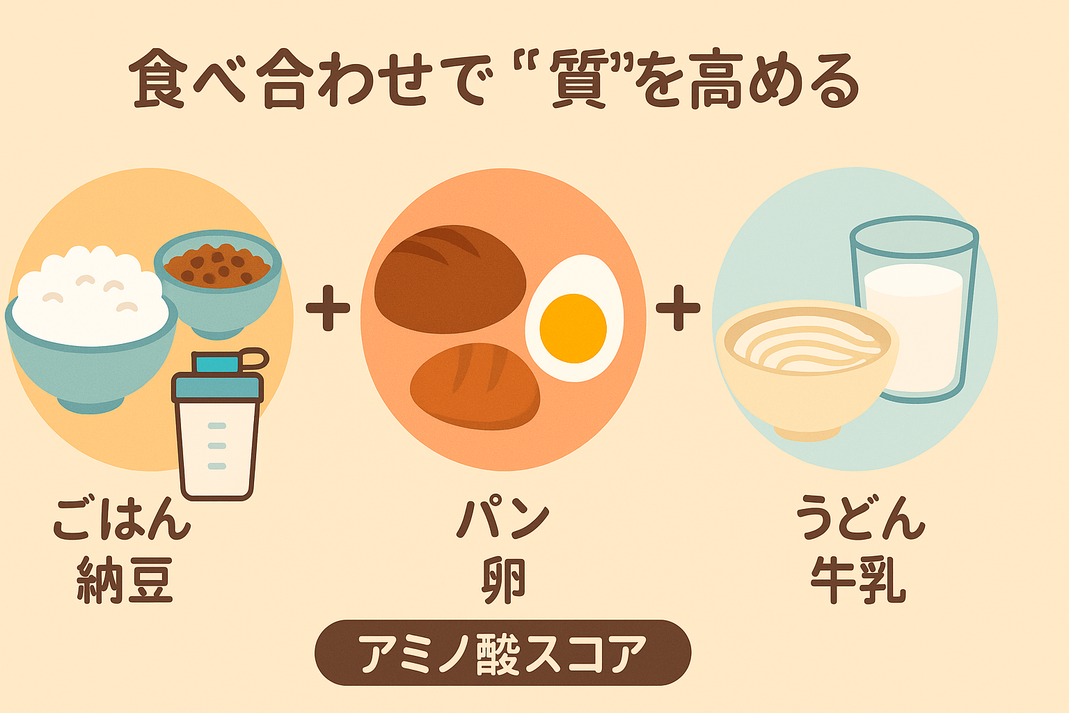 アミノ酸スコアを高める食べ合わせの例(白米と納豆、パンと卵など)を紹介する図解