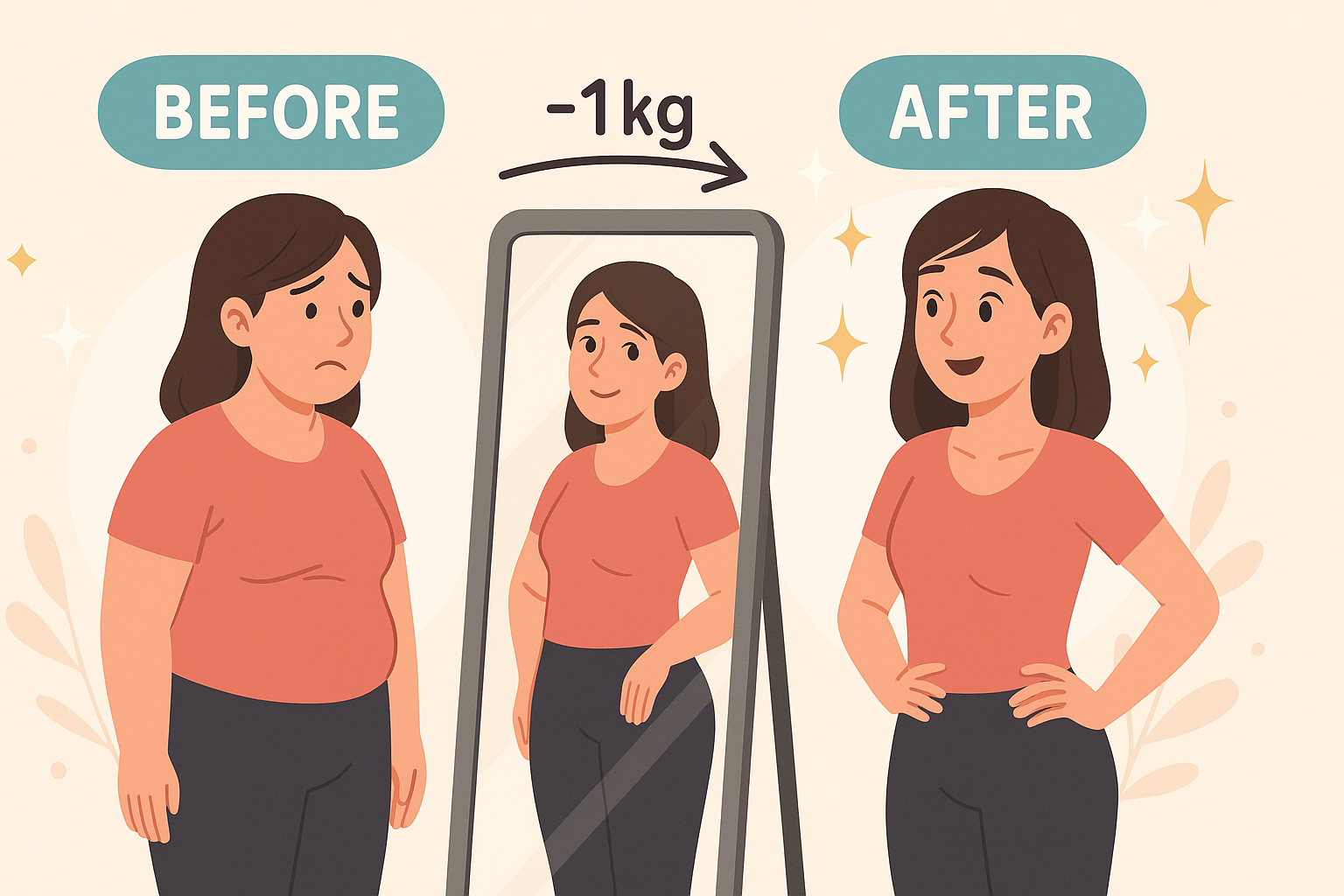 「体重の変化が小さくても、見た目が引き締まってスリムになった人物のBeforeとAfterを比較したイラスト」