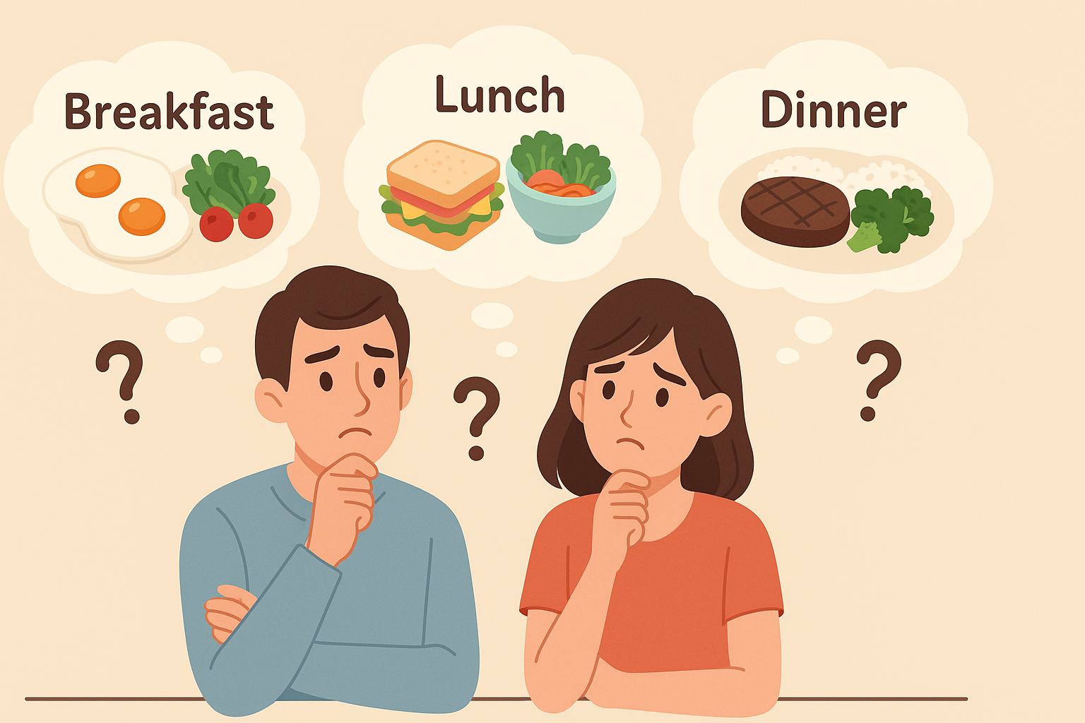 「朝・昼・夜の食事をどうするか悩んでいる男女のイラスト(それぞれの頭上に食事内容の吹き出し付き)」